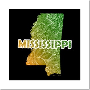 Colorful mandala art map of Mississippi with text in green and orange Posters and Art